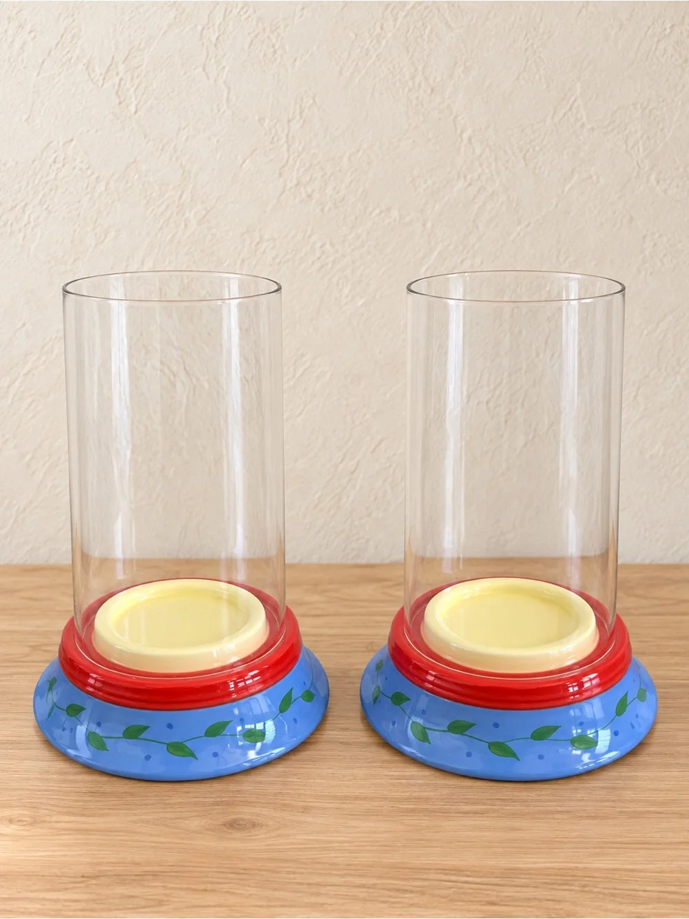 Decorative Blue Glass Hurricane Candle Holders with Red Trim (Pair)